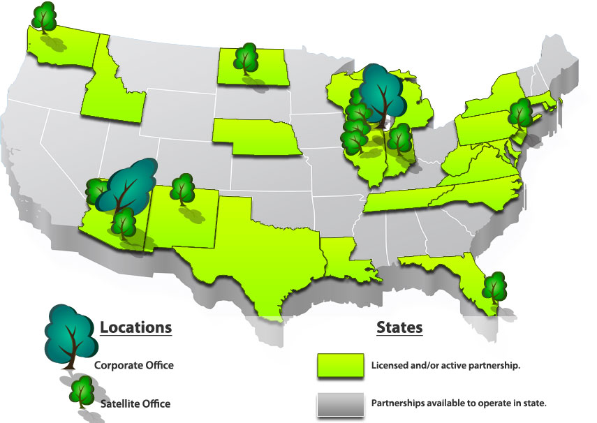Locations of Secureone partnerships and corporate headquarters nationwide.